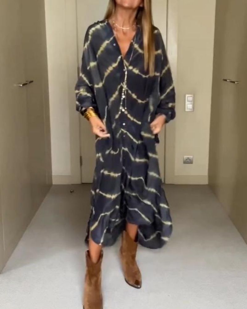 BOMEA - BOHEMIAN MAXI JURK MET STREPEN EN LANGE MOUWEN